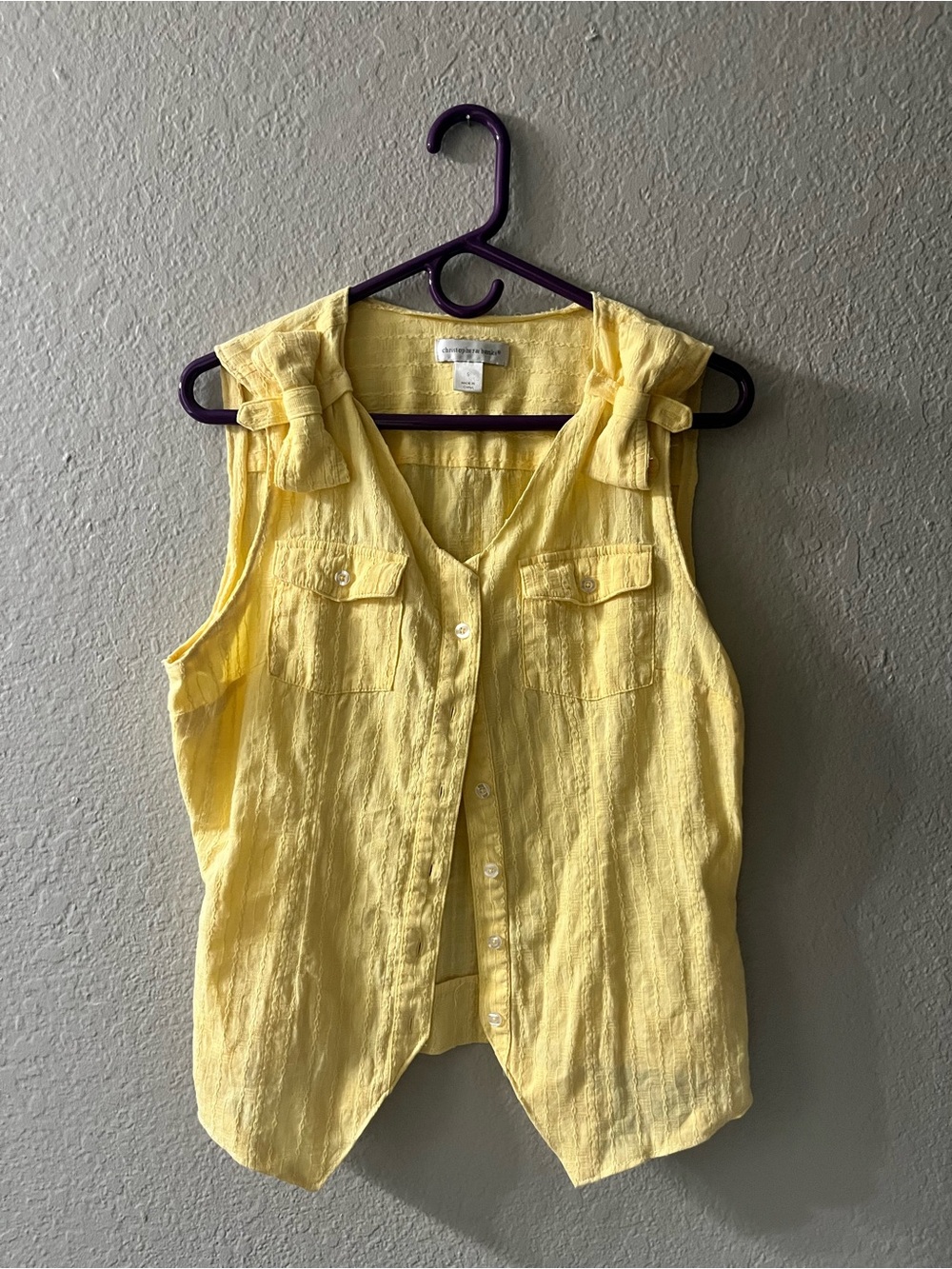 Lightweight Yellow Tie-Shoulder Linen Blend Button Front Top